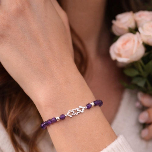 Amethyst Bead Bracelet, 950 Sterling Silver, Openwork Flower Centerpiece, Handmade in Peru