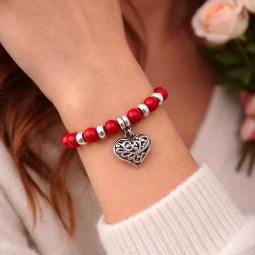 Coral Bead Bracelet, 950 Sterling Silver, Filigree Heart Charm, Handmade in Peru