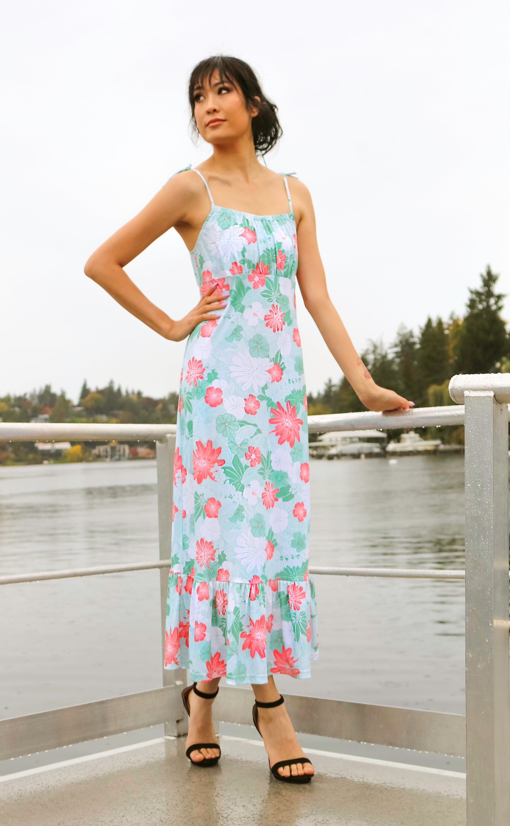 ankle length summer dress Floral Pima Cotton Dress: Ankle-Length Tie Strap D A-line Off-the-Shoulder Sleeveless Knee-Length Color_YELLOW over print with a Size:FR 34