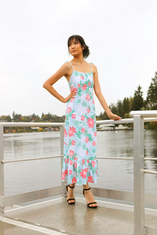 Floral Pima Cotton Summer Dress: Ankle-Length Tie Strap Dress