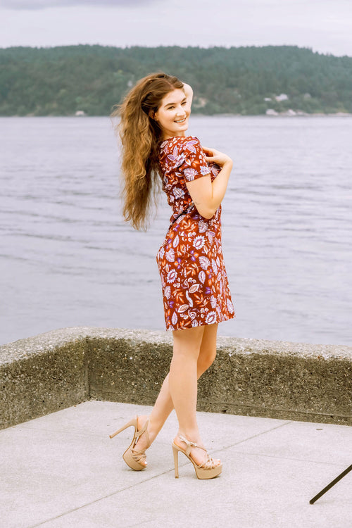 Burgundy Floral Pima Cotton Summer Dress - Square Neck