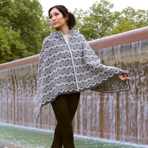 Gray & Black Baby Alpaca Geometric Poncho - Made in Peru