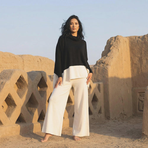 Cowl Neck Alpaca Blend Sweater Poncho — Black & Ivory Duo Tone, Made in Peru by Tejidos Peruanos