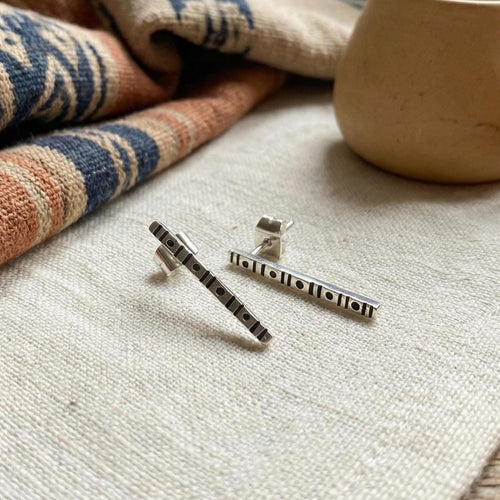 950 Sterling Silver Bar Stud Earrings, Textured Oxidized Design, Handmade in Peru