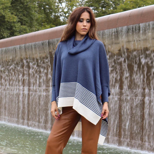 Blue 100% Baby Alpaca Cowl-Neck Poncho Sweater: Striped Peruvian Fashion