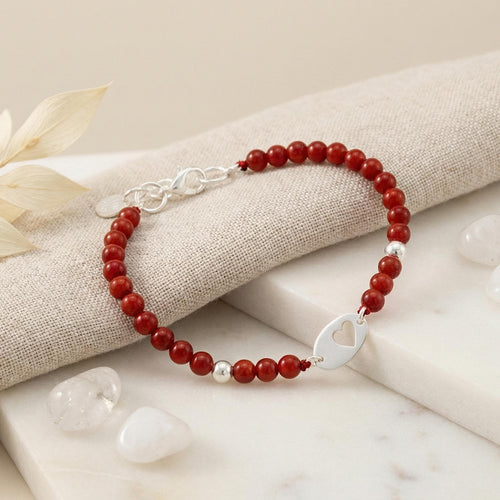 Coral Bead Bracelet, 950 Sterling Silver, Oval Heart Charm, Handmade in Peru