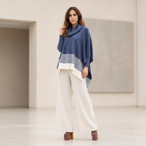 Blue 100% Baby Alpaca Cowl-Neck Poncho Sweater: Striped Peruvian Fashion