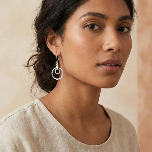 Handcrafted in Peru, 950 Fine Silver,  Double Circular Drops Earrings (4.20 gr 4.50 cm)