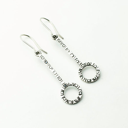 950 Sterling Silver, Oxidized Circle Design Dangle Earrings: Handcrafted in Peru
