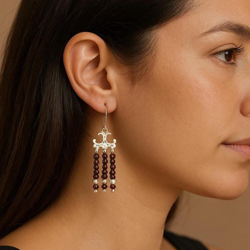 Handcrafted in Peru - 950 Fine Silver & Garnet Triple-Strand Dangle Earrings (9.5 g, 5.5 cm)