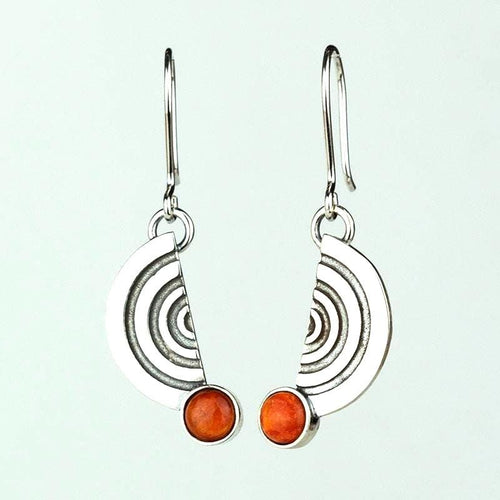 Handcrafted in Peru, 950 Fine Silver & Orange Spondylus Half Moon Dangle Earrings