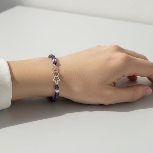 Amethyst Bead Bracelet, 950 Sterling Silver, Openwork Flower Centerpiece, Handmade in Peru