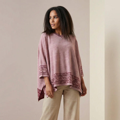 Dusty Rose Alpaca Blend Poncho – V-Neck Chanchan Inspired Sweater, Made in Peru
