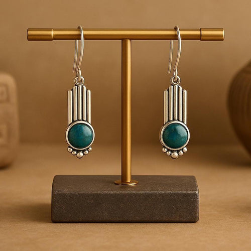 Handcrafted in Peru - 950 Fine Silver & Chrysocolla Vertical Bar Earrings (7.8gr 4cm)