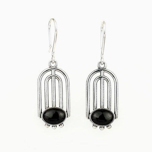 Handcrafted in Peru- 950 Fine Silver & Black Onyx Art Deco Drop Earrings (10.8g 4.0cm)