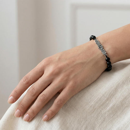 Handcrafted in Peru - 950 Fine Sterling Silver and Black Agate Bracelet - Peruvian Jewelry