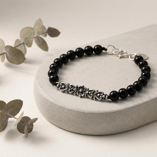 Handcrafted in Peru - 950 Fine Sterling Silver and Black Agate Bracelet - Peruvian Jewelry