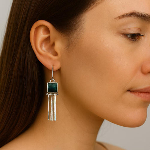 Handcrafted in Peru - 950 Fine Sterling Silver and Chrysocolla Long Dangle Earrings