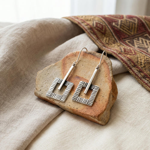 950 Fine Silver, Square Dangle Earrings, Handcrafted in Peru : Peruvian Jewelry