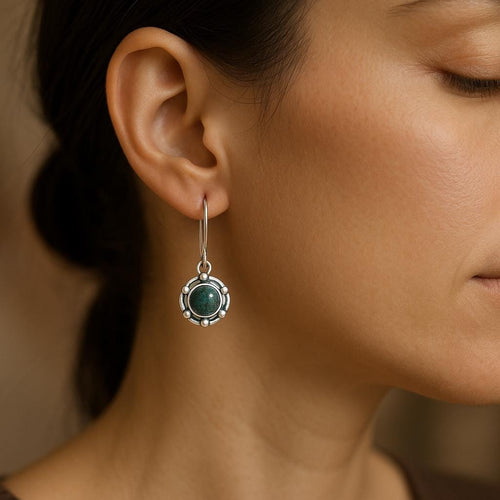 Handcrafted in Peru- 950 Fine Silver & Chrysocolla Round Artisan Earrings