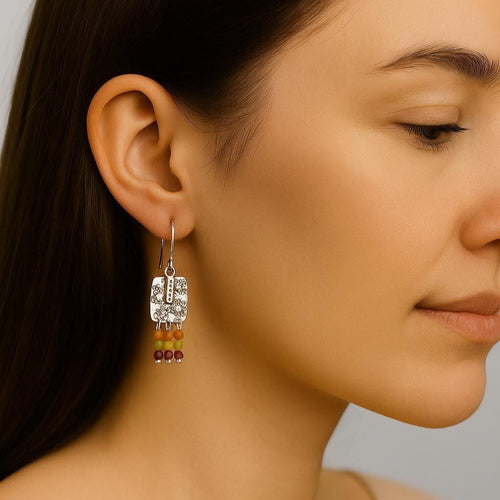 Handcrafted in Peru - 950 Fine Sterling Silver, Citrine, Carnelian & Amethyst, Dangle Earrings