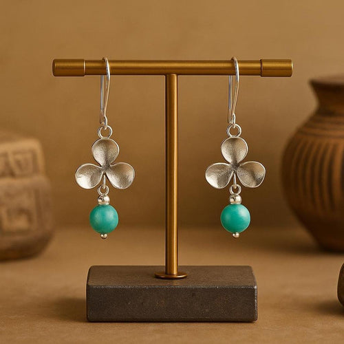 Handcrafted in Peru, 950 Fine Silver & Amazonite Floral Drop Earrings (4.10 g, 5.0 cm)