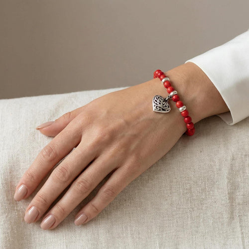 Coral Bead Bracelet, 950 Sterling Silver, Filigree Heart Charm, Handmade in Peru