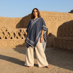 Reversible Alpaca Blend Ruana – Ocean Blue & Gray Striped Wrap, Made in Peru