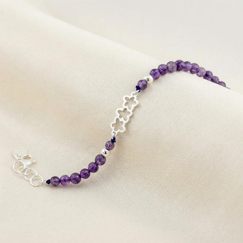 Amethyst Bead Bracelet, 950 Sterling Silver, Openwork Flower Centerpiece, Handmade in Peru