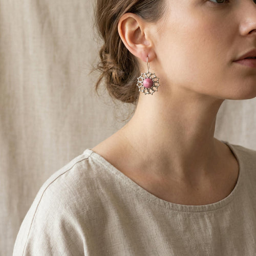 Handcrafted in Peru - 950 Fine Silver & Rhodonite Round Dangle Earrings (7.8gr, 4cm)