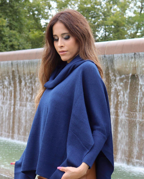 100% Baby Alpaca Poncho Sweater – Dark Navy, Made in Peru