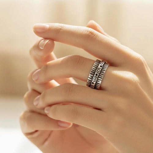 Handcrafted in Peru: 950 Fine Sterling Silver Wide Band Ring, Oxidized Design