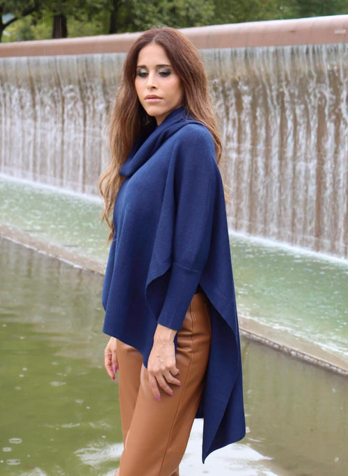 100% Baby Alpaca Poncho Sweater – Dark Navy, Made in Peru