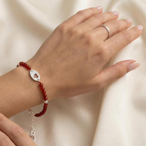 Coral Bead Bracelet, 950 Sterling Silver, Oval Heart Charm, Handmade in Peru