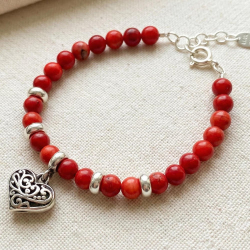 Coral Bead Bracelet, 950 Sterling Silver, Filigree Heart Charm, Handmade in Peru
