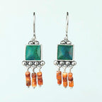 Handcrafted in Peru, 950 Fine Silver, Orange Spondylus &  Chrysocolla Square Dangle Earrings