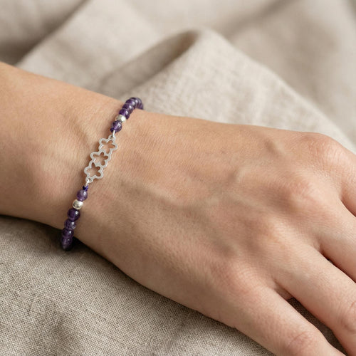Amethyst Bead Bracelet, 950 Sterling Silver, Openwork Flower Centerpiece, Handmade in Peru