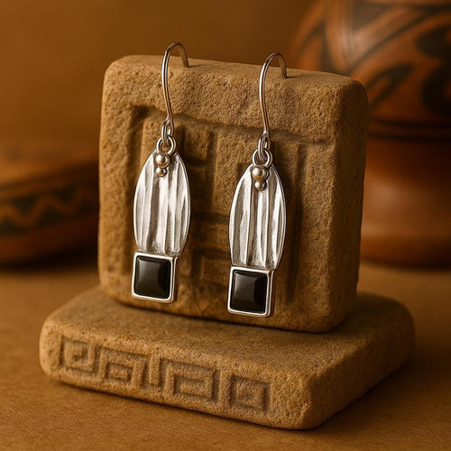 Handcrafted in Peru - 950 Fine Sterling Silver and black Onyx Long Dangle Earrings