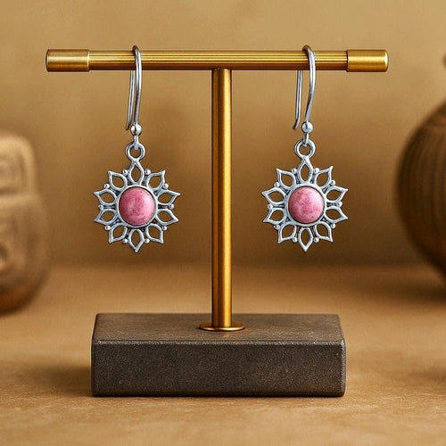 Handcrafted in Peru - 950 Fine Silver & Rhodonite Round Dangle Earrings (7.8gr, 4cm)