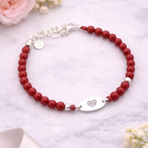Coral Bead Bracelet, 950 Sterling Silver, Oval Heart Charm, Handmade in Peru