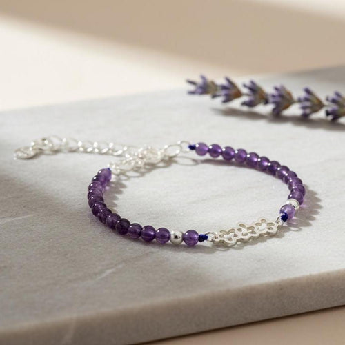 Amethyst Bead Bracelet, 950 Sterling Silver, Openwork Flower Centerpiece, Handmade in Peru