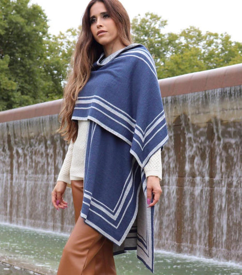 Reversible Alpaca Blend Ruana – Ocean Blue & Gray Striped Wrap, Made in Peru