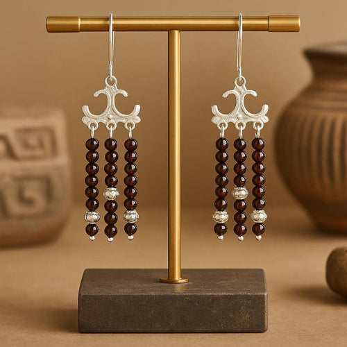 Handcrafted in Peru - 950 Fine Silver & Garnet Triple-Strand Dangle Earrings (9.5 g, 5.5 cm)