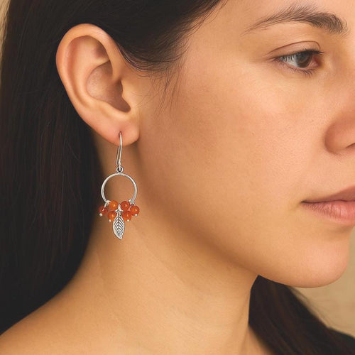 Handcrafted in Peru, 950 Fine Silver & Carnelian Leaf Hoop Earrings (5.5 g, 5.0 cm)