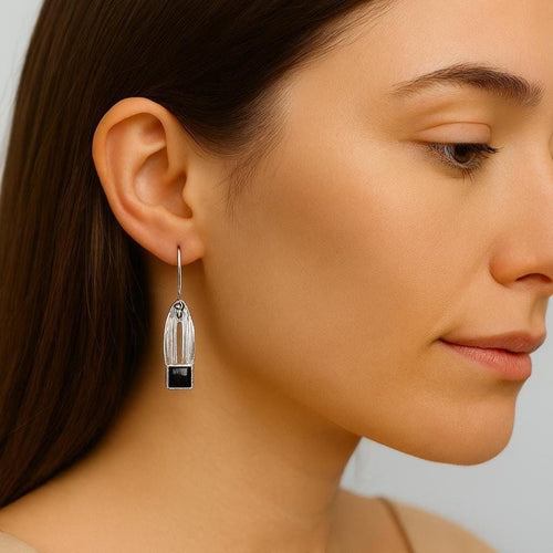 Handcrafted in Peru - 950 Fine Sterling Silver and black Onyx Long Dangle Earrings