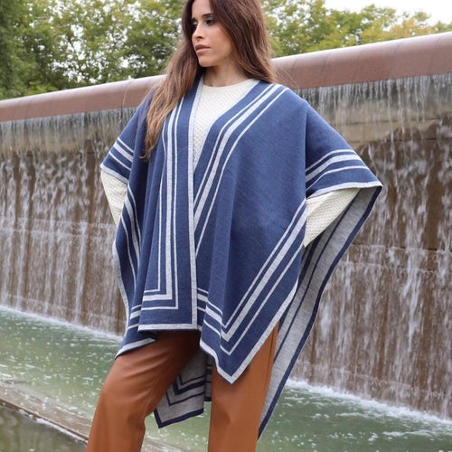 Reversible Alpaca Blend Ruana – Ocean Blue & Gray Striped Wrap, Made in Peru