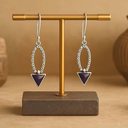 Handcrafted in Peru- 950 Fine Silver &  Amethyst Geometric Earrings  (6.0 g, 5.0 cm)