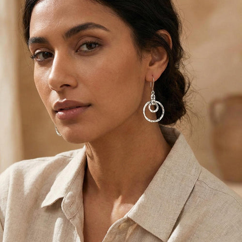 Handcrafted in Peru, 950 Fine Silver,  Double Circular Drops Earrings (4.20 gr 4.50 cm)