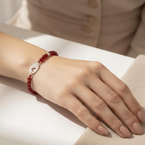 Coral Bead Bracelet, 950 Sterling Silver, Oval Heart Charm, Handmade in Peru