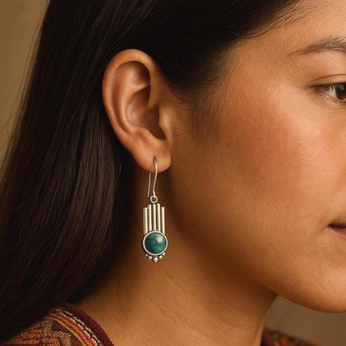 Handcrafted in Peru - 950 Fine Silver & Chrysocolla Vertical Bar Earrings (7.8gr 4cm)